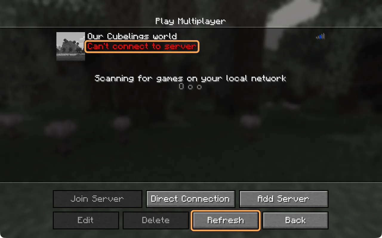 The Java server list showing Can’t connect to server in red, with the Refresh button outlined