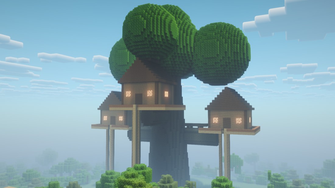 Minecraft timber treehouses tucked into a giant oak canopy